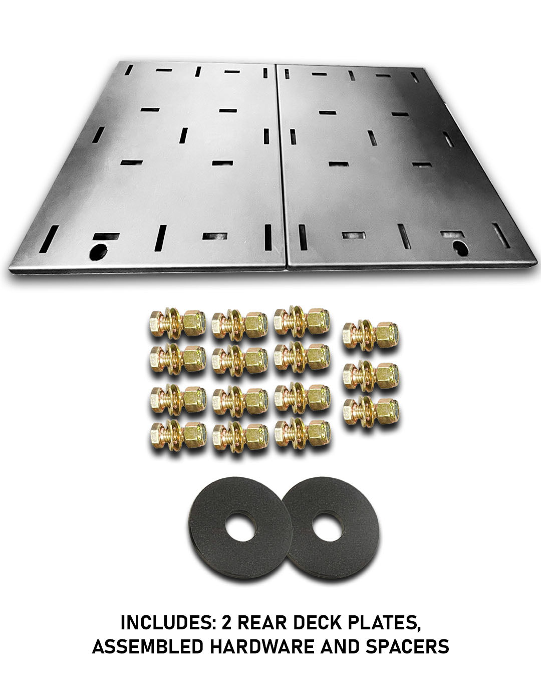 assembled hardware for Rear deck plate add-on kit bolted into 2015+ F-150 factory bed holes, no drilling