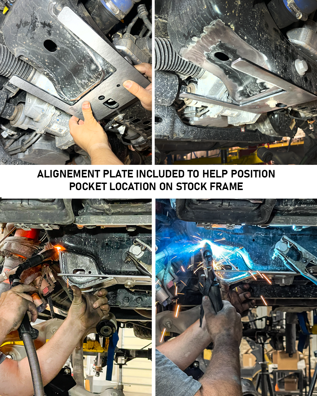 Low profile Raptor lower control arm pocket installation with alignment plate for proper positioning