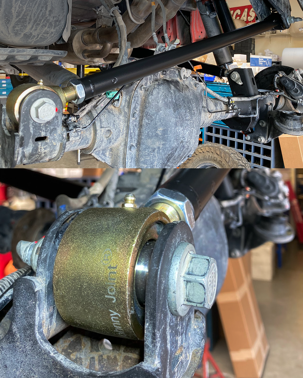Johnny Joint visible in the foreground with the adjustable panhard bar installed on a Raptor rear axle behind it