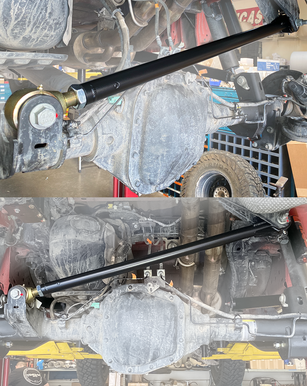 Johnny Joint panhard bar bolted to the Ford Raptor rear axle mount, showing the forged joint at the axle end