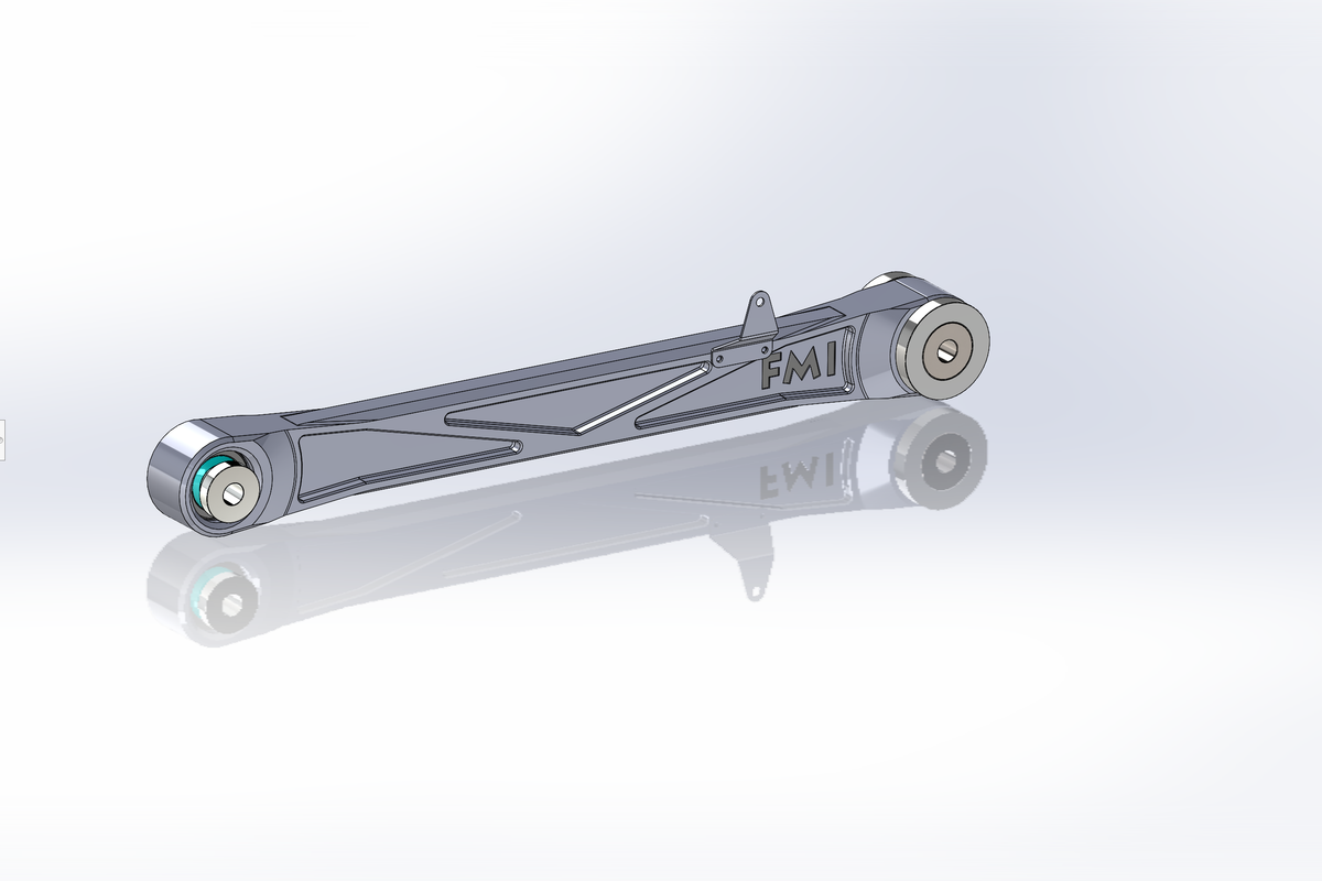 CAD render of an FMI billet aluminum Bronco Raptor rear lower arm with uniball ends