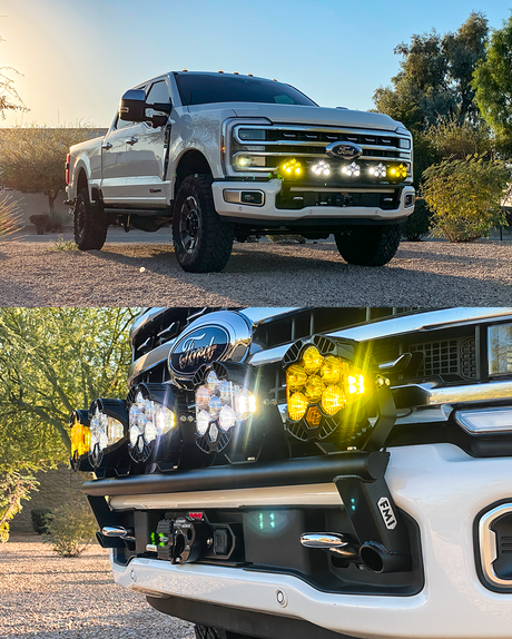 Foutz Motorsports front light mount kit installed on the stock front bumper of a Ford F-250 Super Duty
