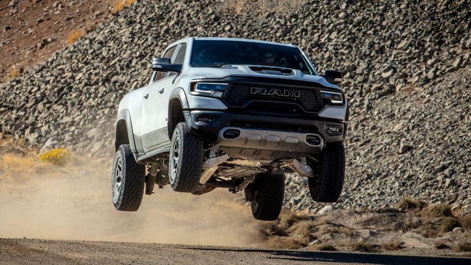 The all new Ram TRX off-road truck showing how to get some air at the live media event in Reno Nevada
