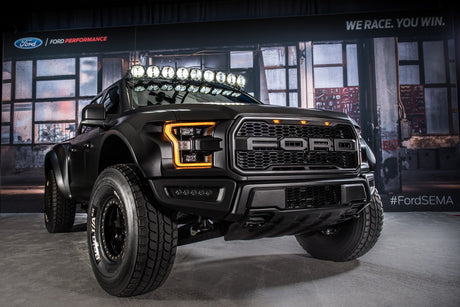 Foutz Motorsports and DeBerti Design Ford F-150 Raptor SEMA build with roof-mounted LED light bar and off-road suspension