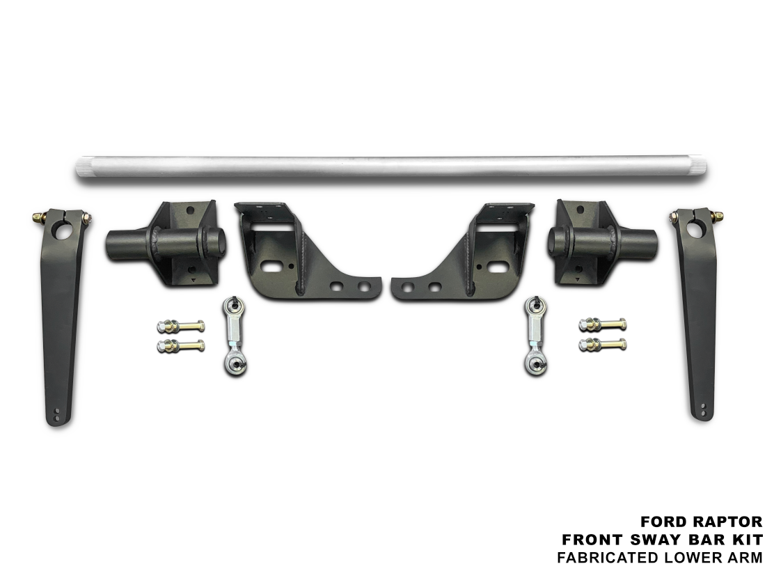 Foutz Motorsports Ford Raptor front sway bar kit for fabricated lower arms laid out with bar, arms, frame mounts and hardware