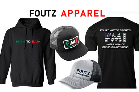 Foutz Motorsports apparel including a Born to Baja hoodie, FMI T-shirts and snapback trucker hats