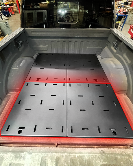 rear bed deck plate add-on kit installed in truck bed installed for 2017-2026 Ford Raptor and 2015+ F-150 
