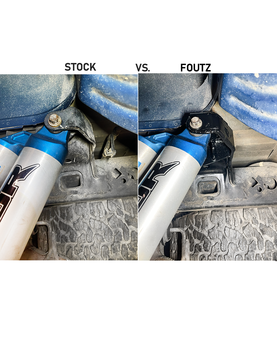 2017-2018 Ford Raptor Gen 2 rear shock  reinforcement kit showing factory mount and Foutz support plate bracket installed