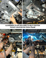Low profile Raptor lower control arm pocket installation with alignment plate for proper positioning