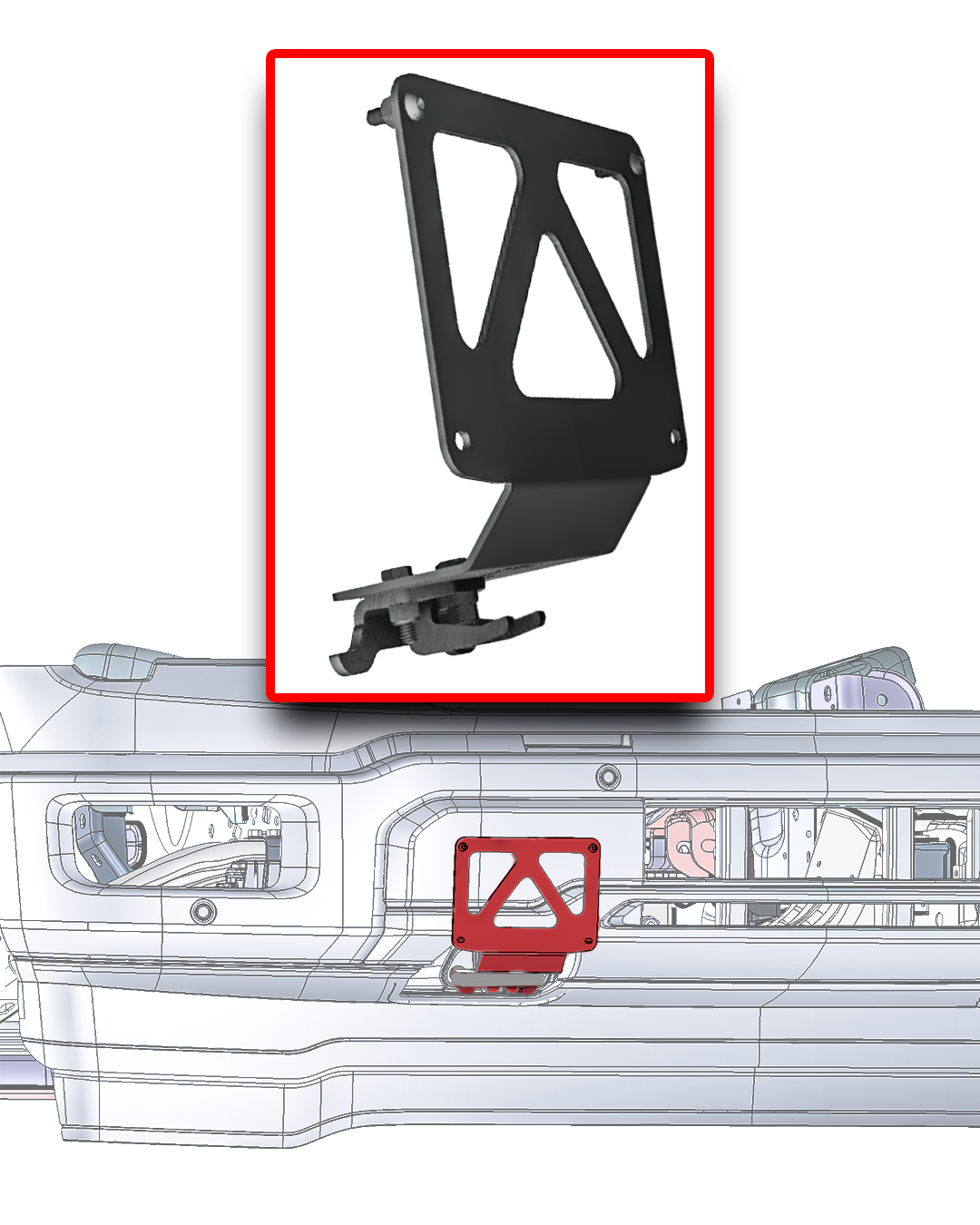 Ford F-150 front license plate bracket mounted to factory tow hook