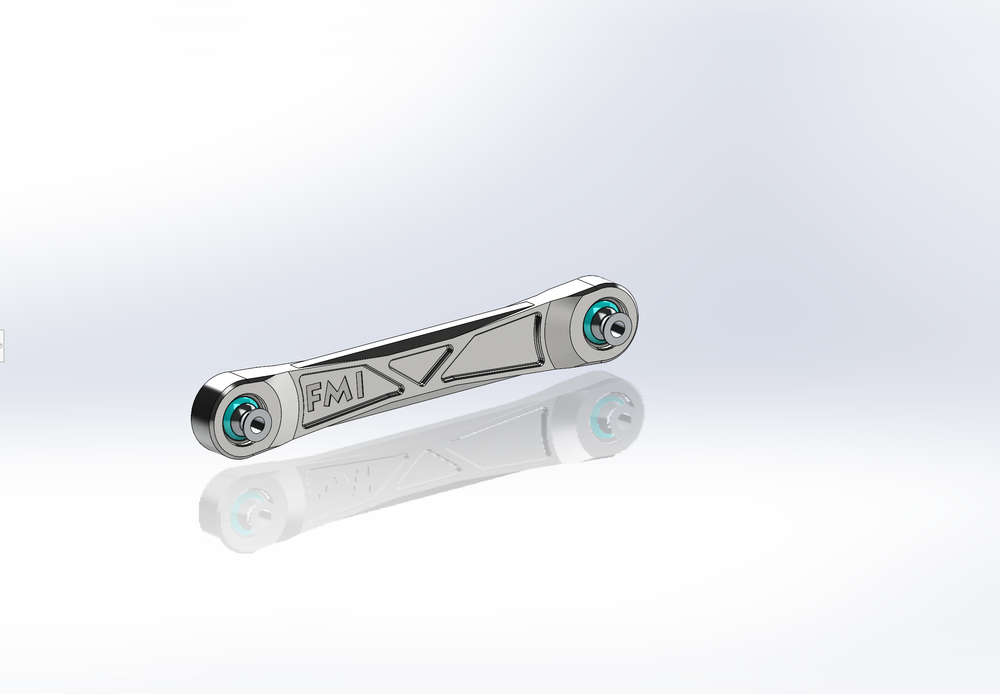 CAD render of an FMI billet aluminum Bronco Raptor rear upper arm with uniball ends