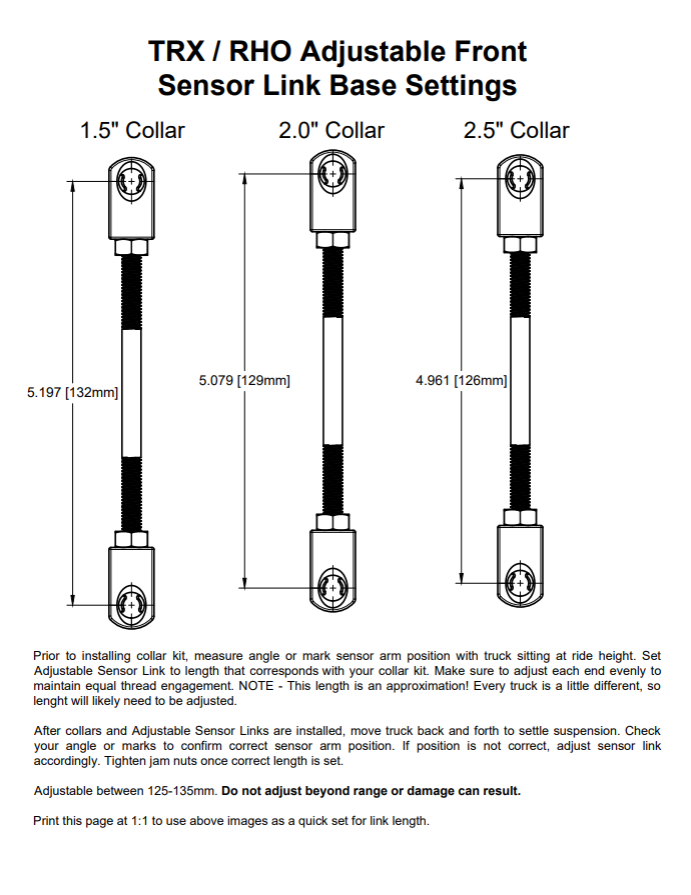 Adjustable front sensor link base settings chart showing starting connector rod lengths for 1.5", 2.0" and 2.5" lift collars