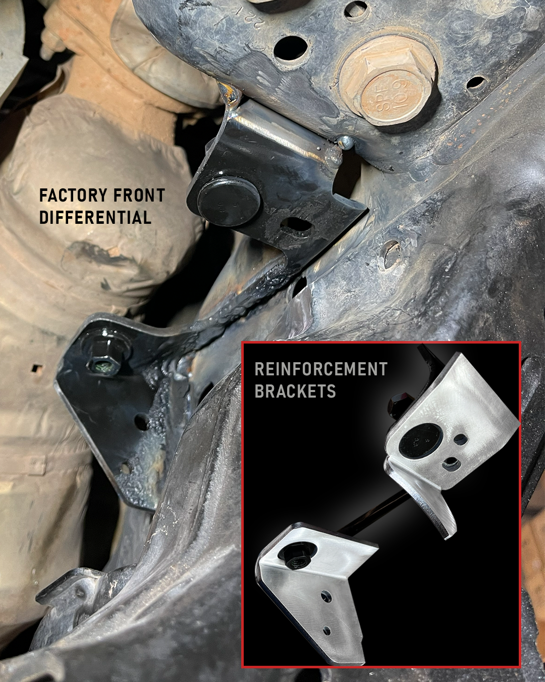 Close-up of the Bronco front differential reinforcement bracket at the driver side diff mount