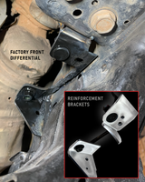 Close-up of the Bronco front differential reinforcement bracket at the driver side diff mount