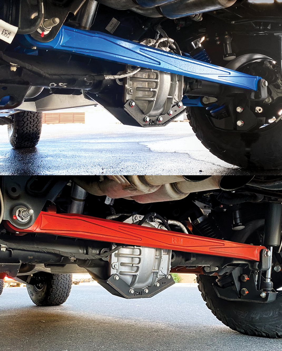 Two Bronco Raptor rear axles compared: blue anodized and FOX orange anodized billet panhard bars installed