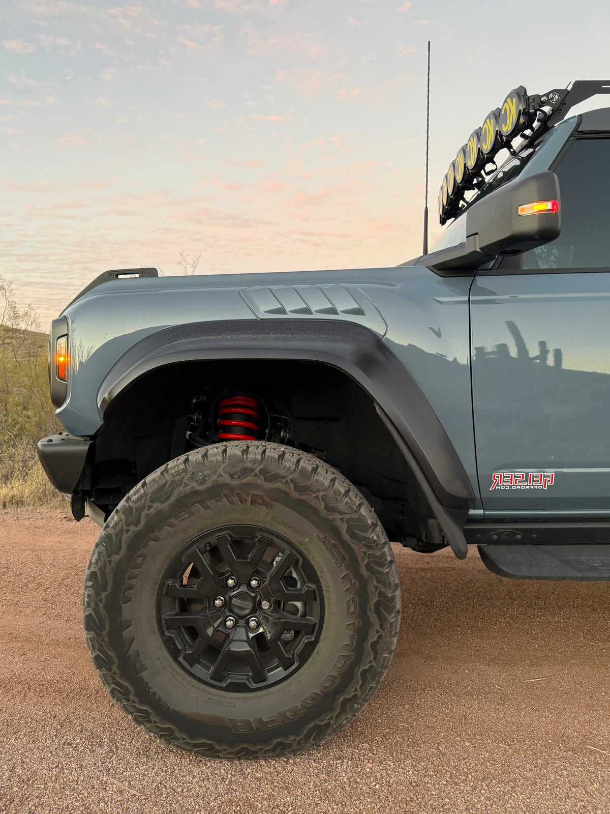 Front fender and wheel clearance on a Ford Bronco Raptor lifted with Geiser Off-Road progressive springs