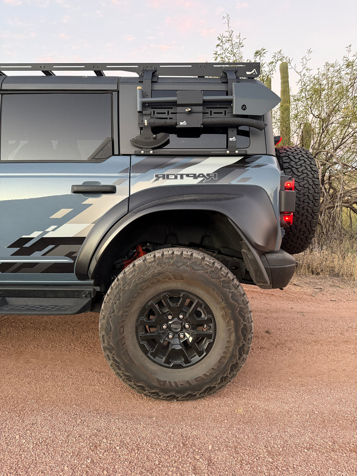 Ford Bronco Raptor with roof rack and larger tires on Geiser Off-Road front and rear spring kit