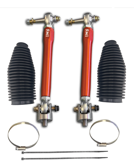 bronco full billet tie rod kit anodized in fox orange with hose clamps, zip ties and polyurethane boots