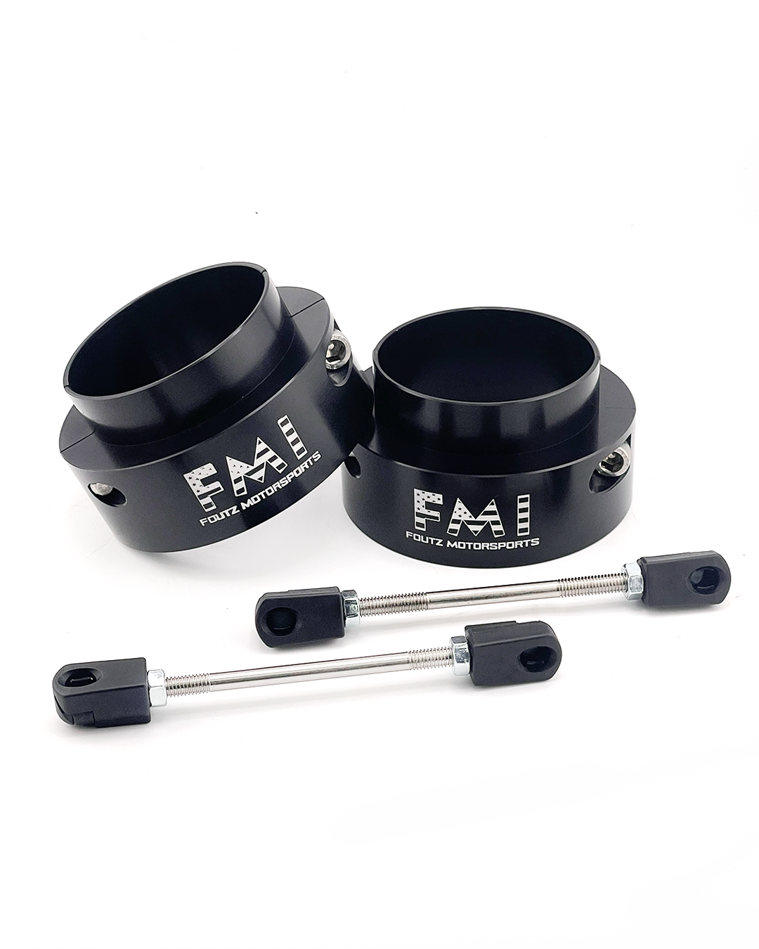Pair of black anodized 2.5" front leveling collars with two adjustable ride height sensor connector rods for the 2027 Ram TRX