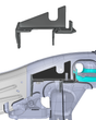 CAD render of the Foutz Motorsports front differential replacement bracket for the 2021-2026 Ford Bronco and 2022-2026 Bronco Raptor, shown on its own and positioned at the factory differential mount on the frame