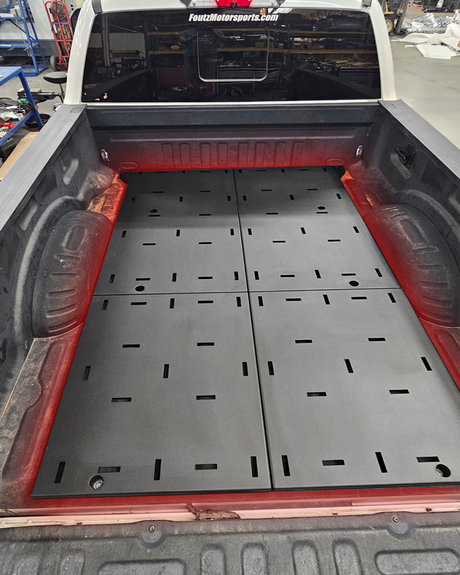 Complete Simple Bed Organizer Kit with main section and rear add-on section installed in a 2017-2026 Ford Super Duty 6.75' bed