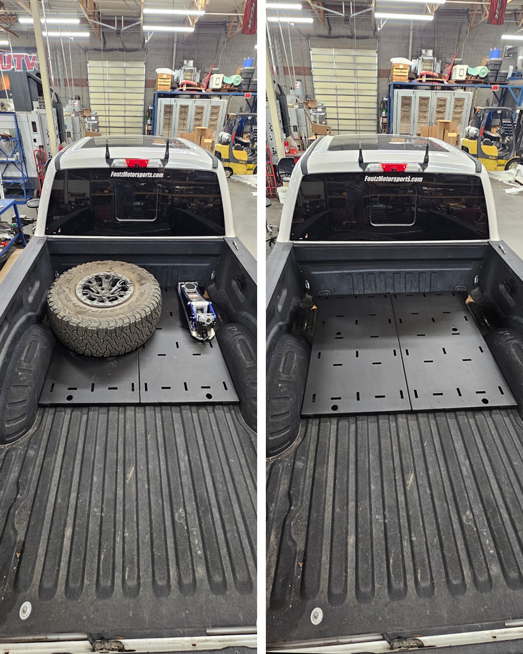 Side by side photo of main section deck plates for 2017 and up Super Duty with and without cargo storage 