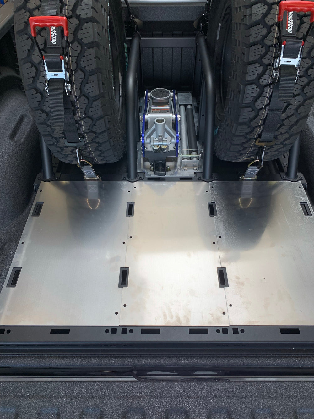 Dual Tire Carrier Quick Release Modular Bed Organizer