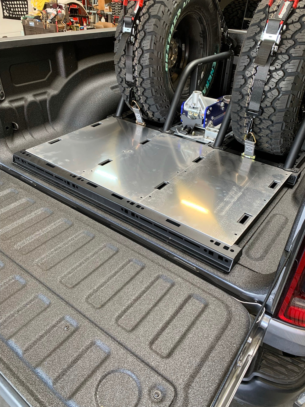 Dual Tire Carrier Quick Release Modular Bed Organizer